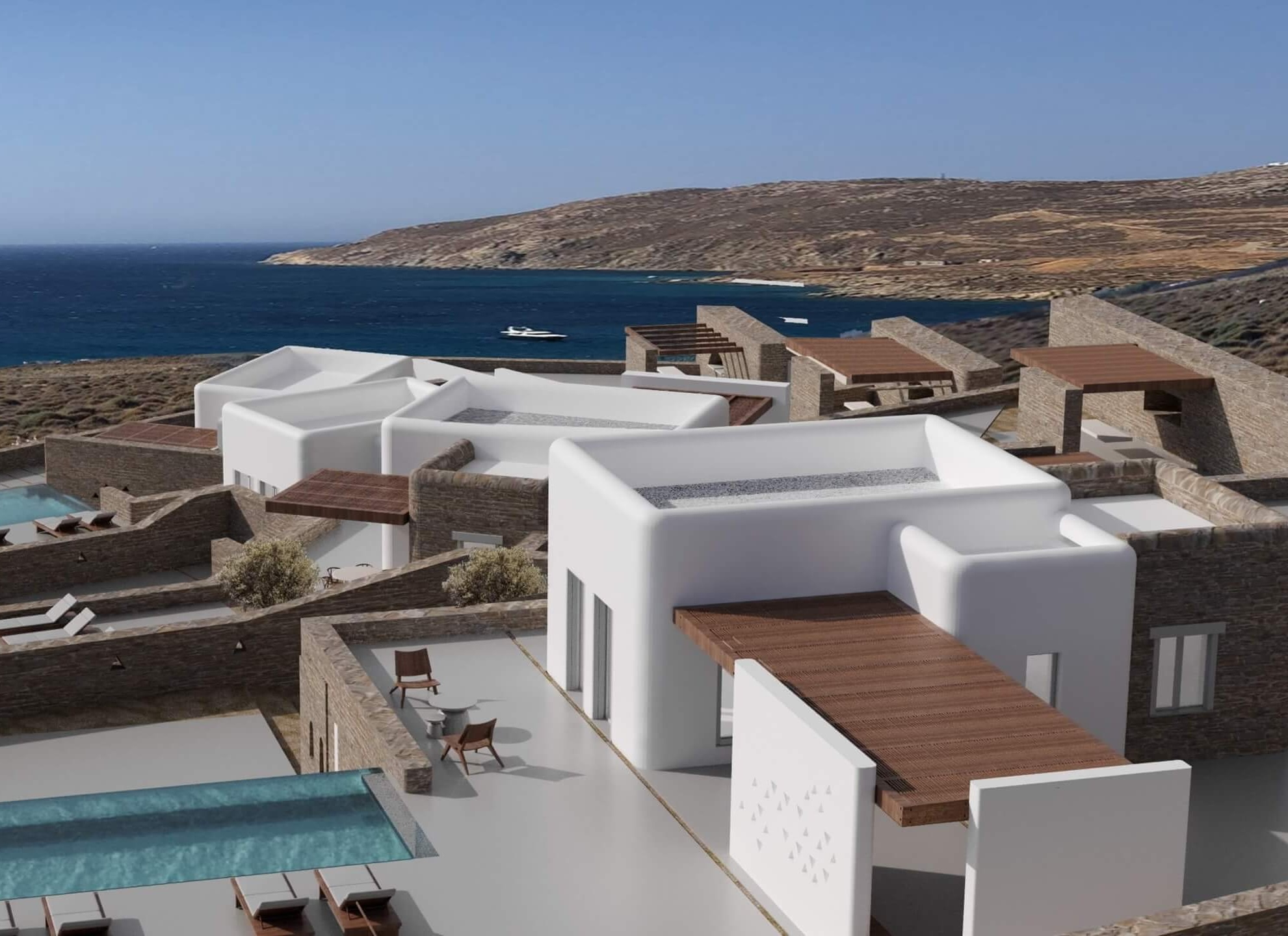 Visualisation of a Leimax villa with a person walking toward the sea view