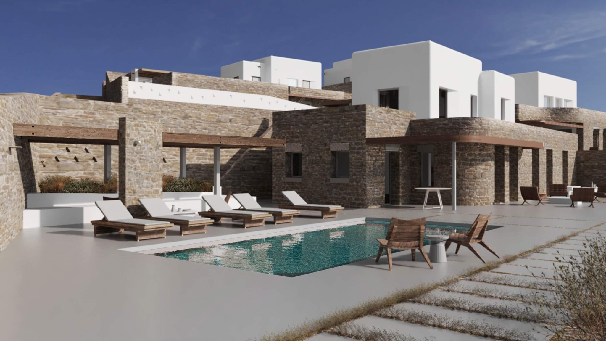Visualisation of a Leimax villa in Cycladic white and local stone