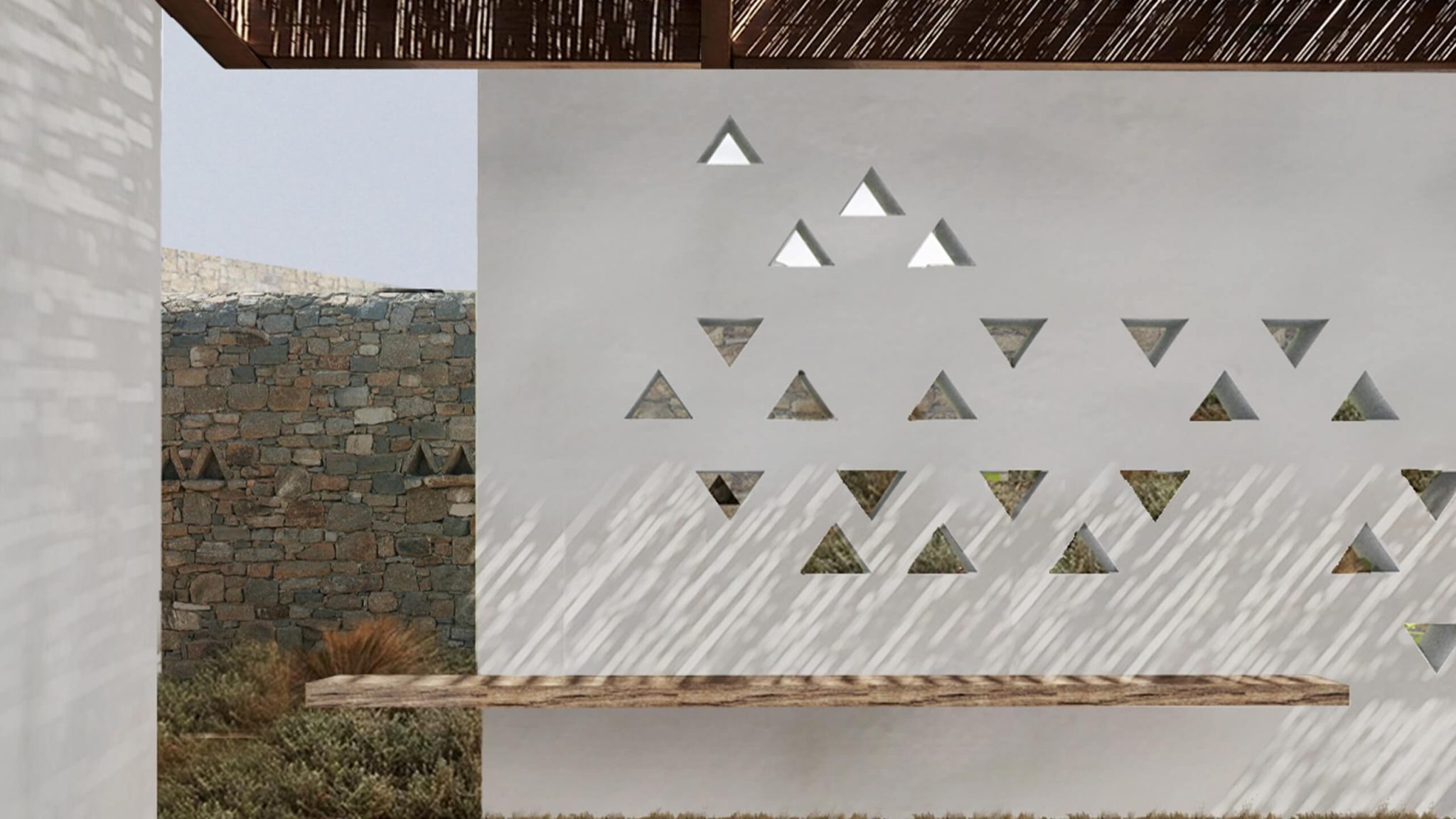 Detail of the perforated triangular pattern in a Leimax villa wall