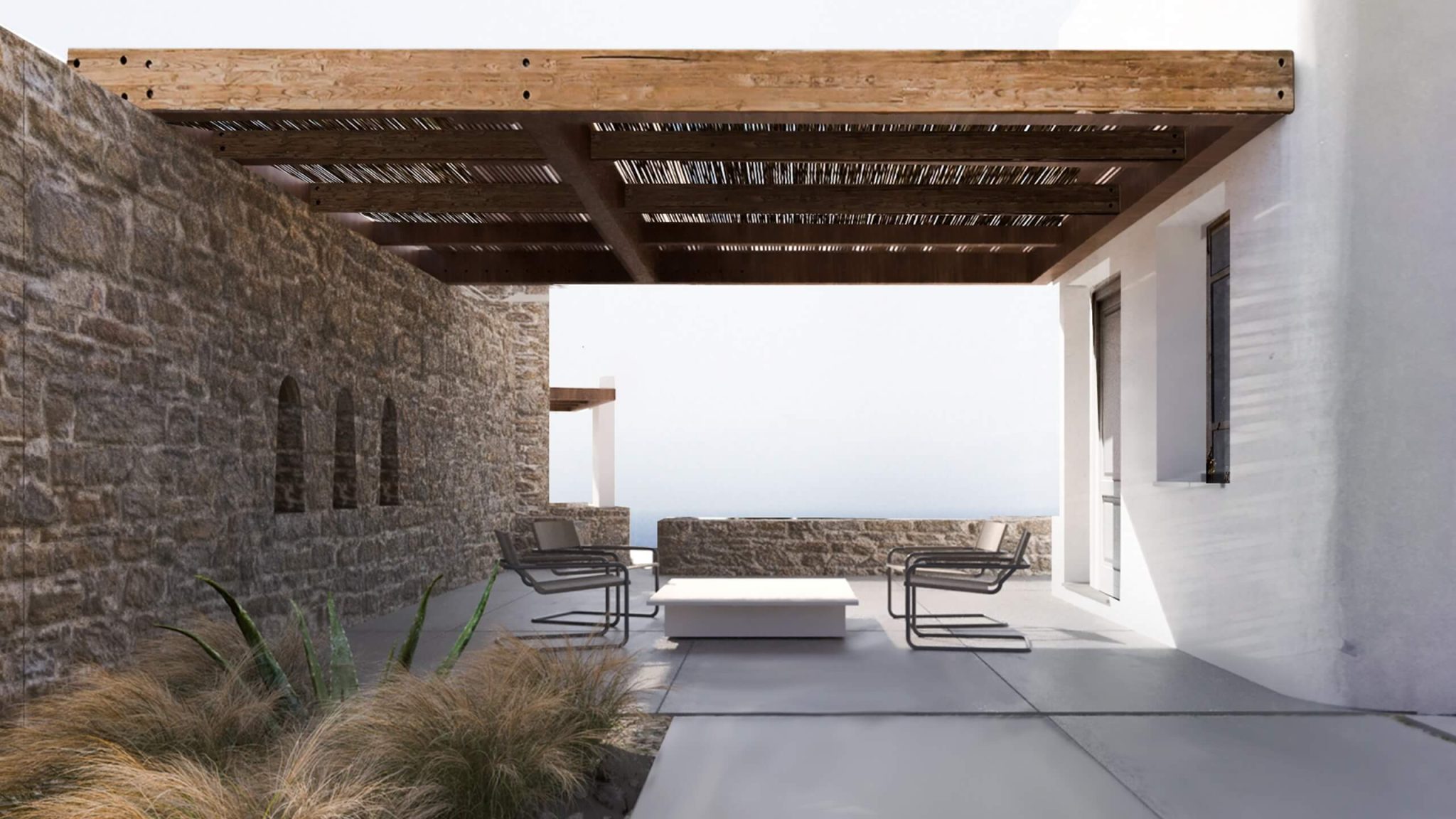 Visualisation of a shaded pergola walkway between villa walls