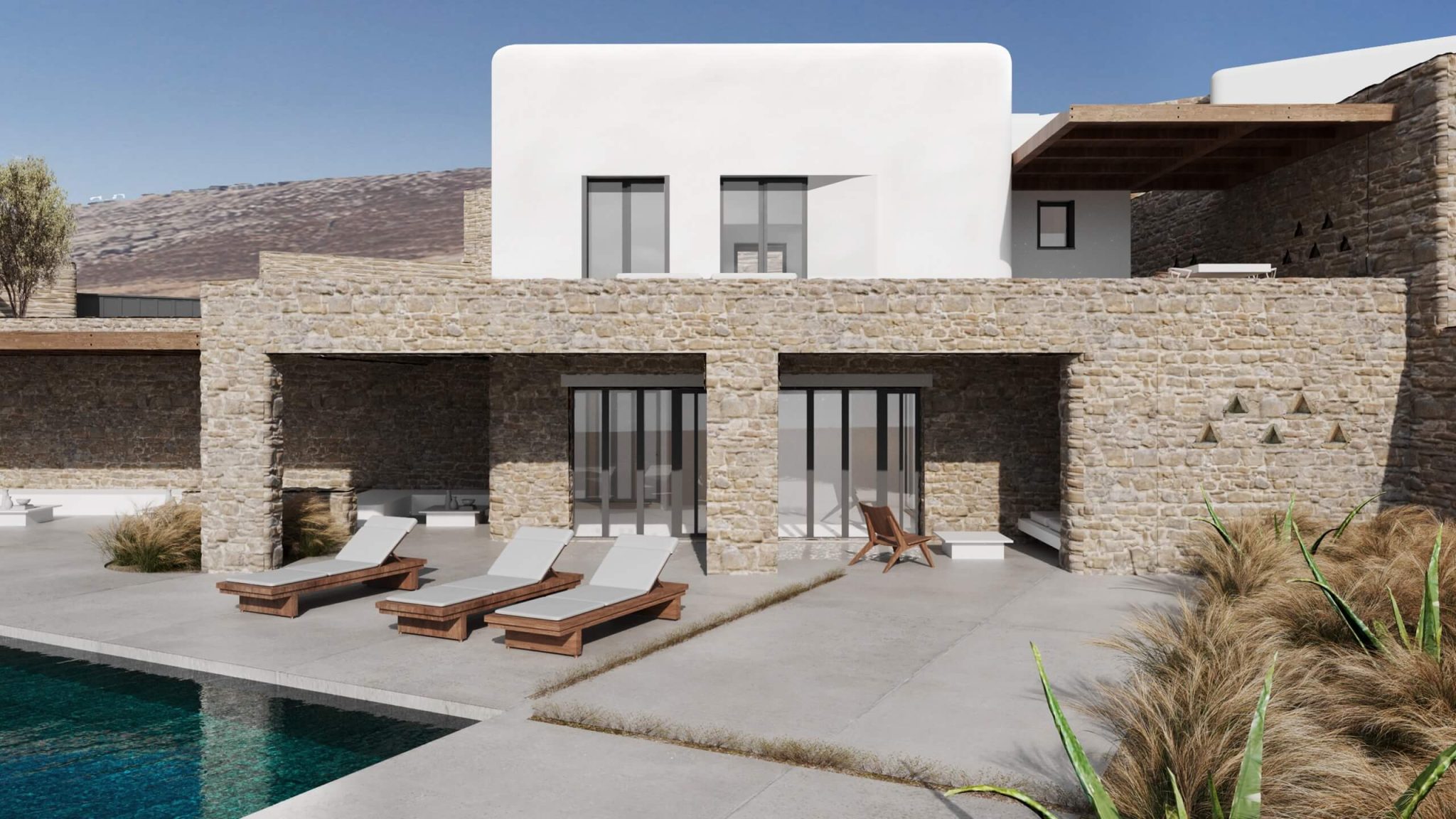 Visualisation of a villa facade with pool deck and loungers