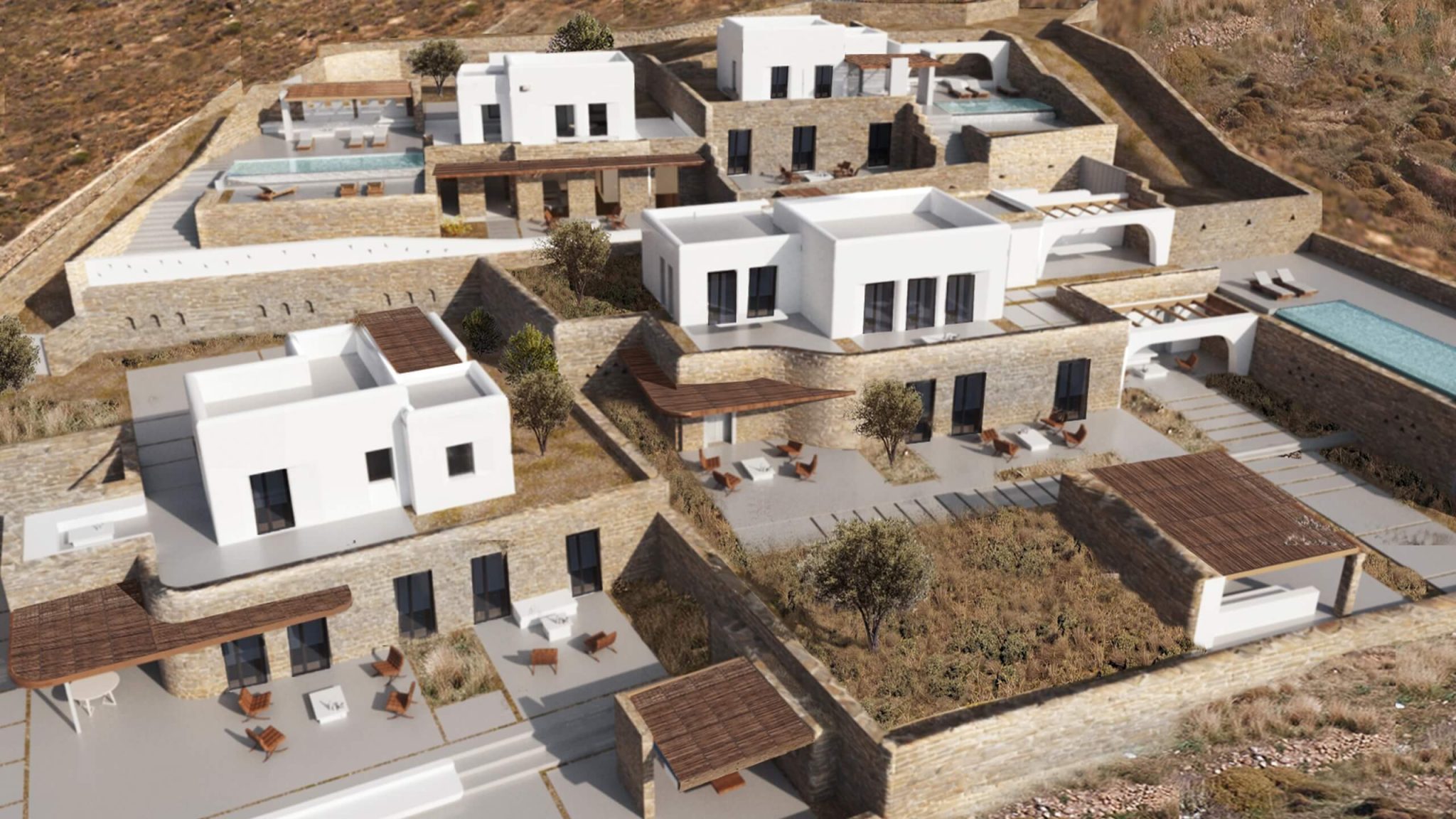 Aerial visualisation of the Leimax villa cluster with terraces and pools