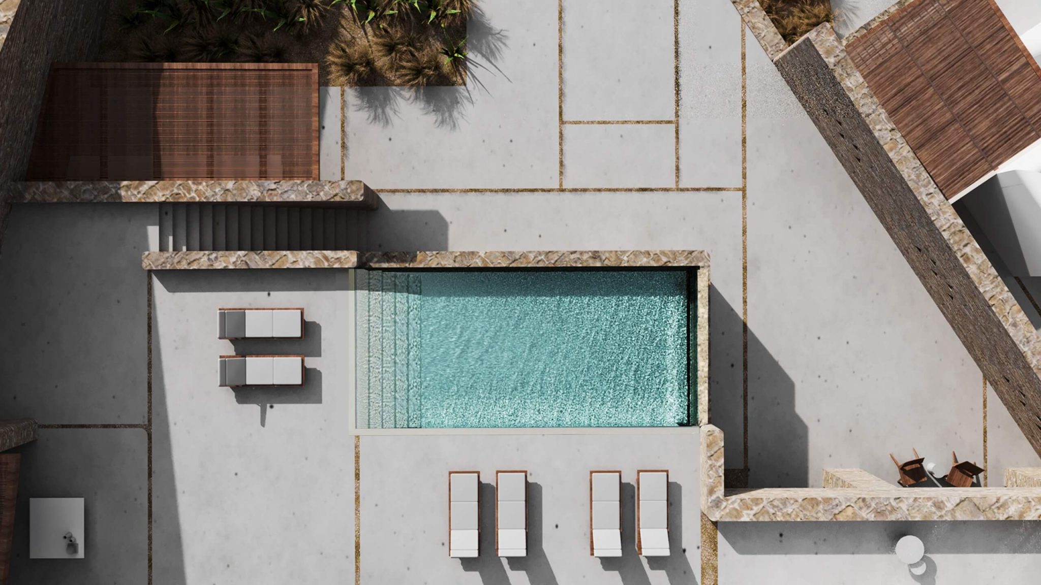 Overhead visualisation of a villa pool and sun deck