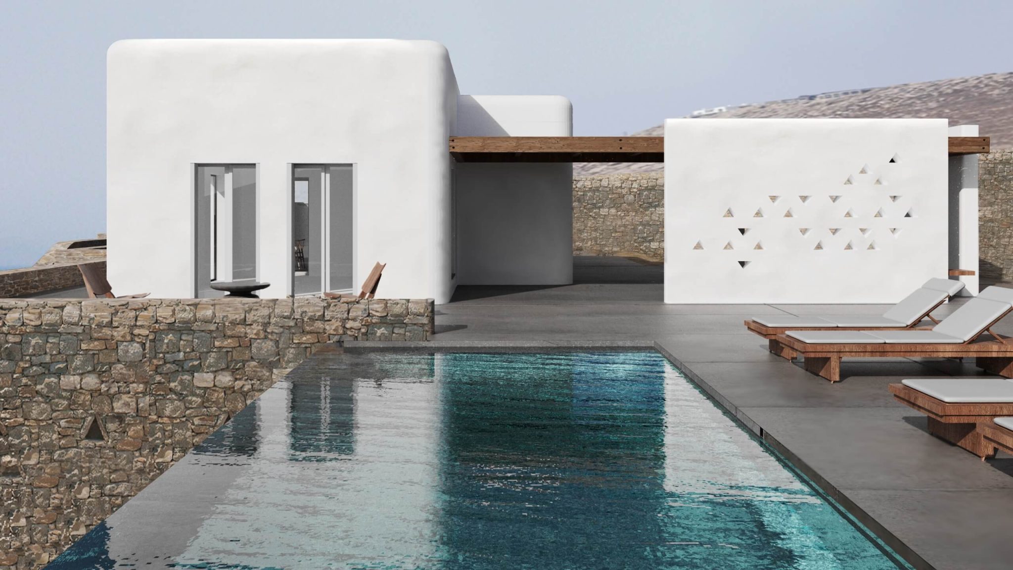Visualisation of a pool beside a perforated Cycladic wall