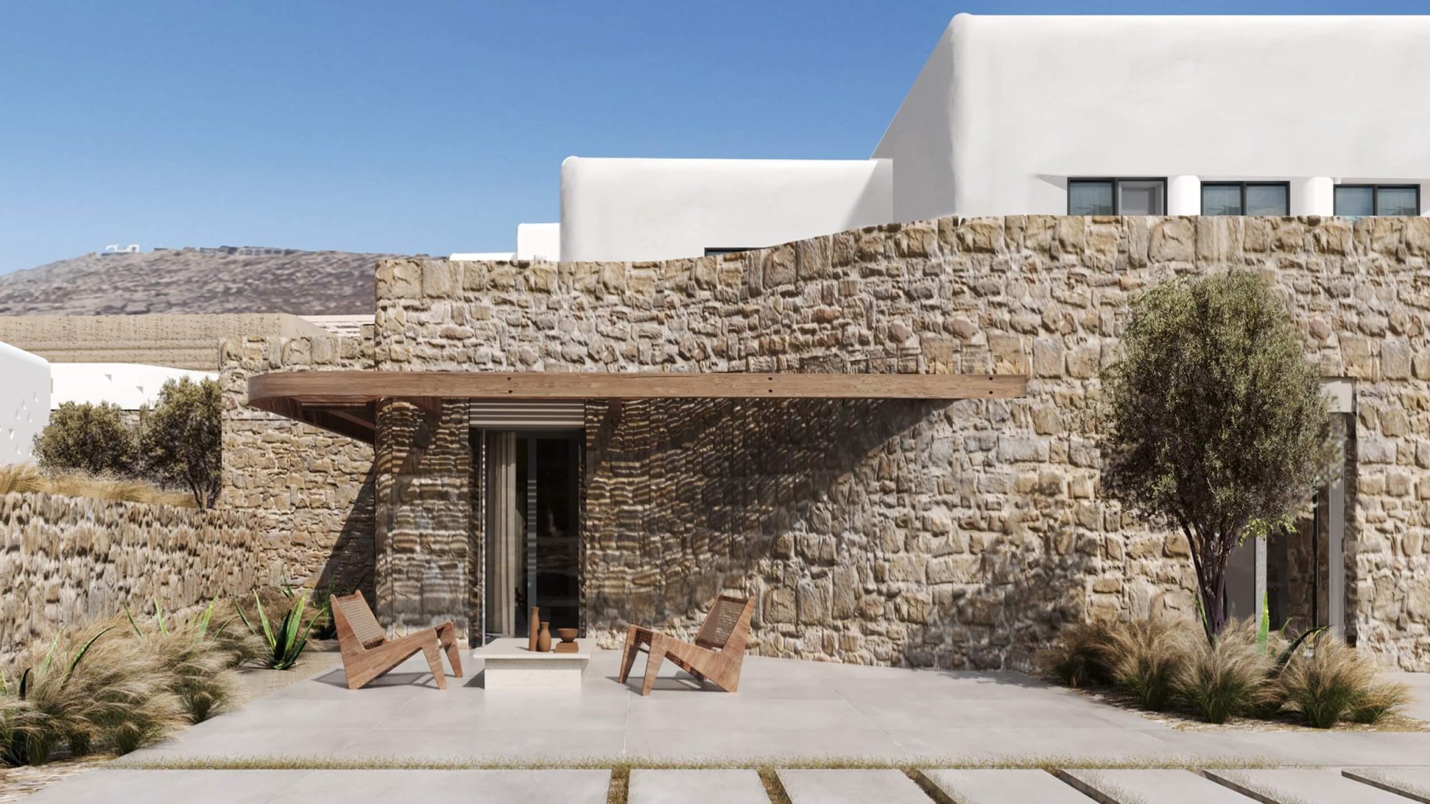 Visualisation of a villa entrance framed by dry-stone walling